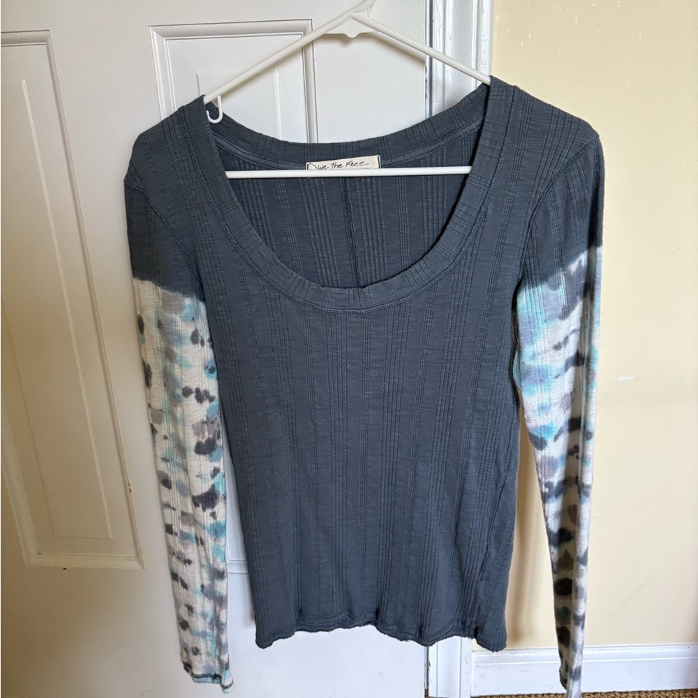 Free People Gray Blouse with Tie-Dye Sleeves